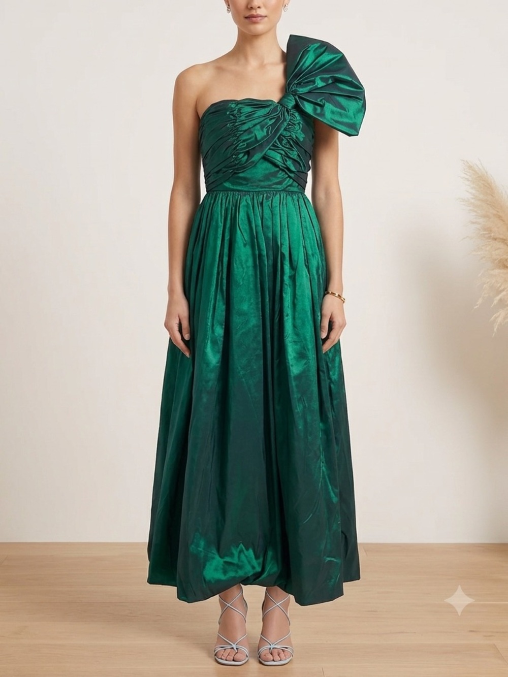 Emerald Green One-Shoulder Satin Gown with Bow